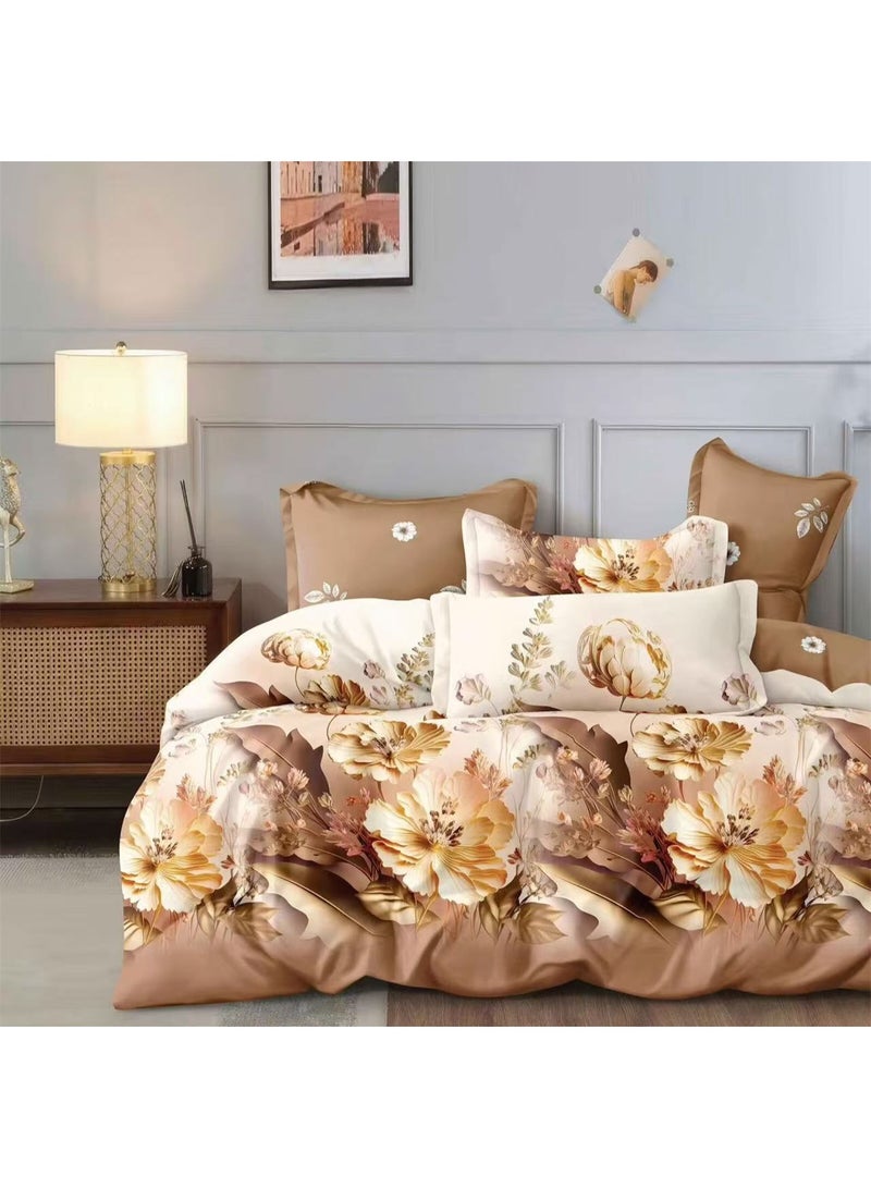 طقم غطاء لحاف مطبوع مقاس كينغ مكون من 6 قطع طقم سرير مطبوع عليه زهور وبتلات حديثة - طقم غطاء لحاف قطن + بوليستر